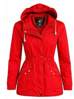 DreiMaster Red Hooded Utility Jacket Parka Womens XS Zip Snap Waist Drawstring